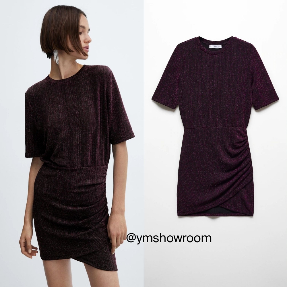 Mango Metallic Plum Ruched Short Sleeve Mini Dress